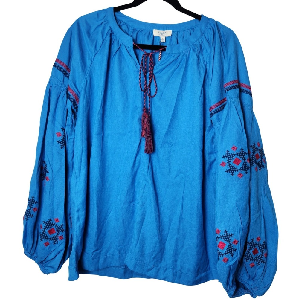 NWT Hayden Boho Peasant Blouse Embroidered Balloon Sleeve Tassel Tie Large